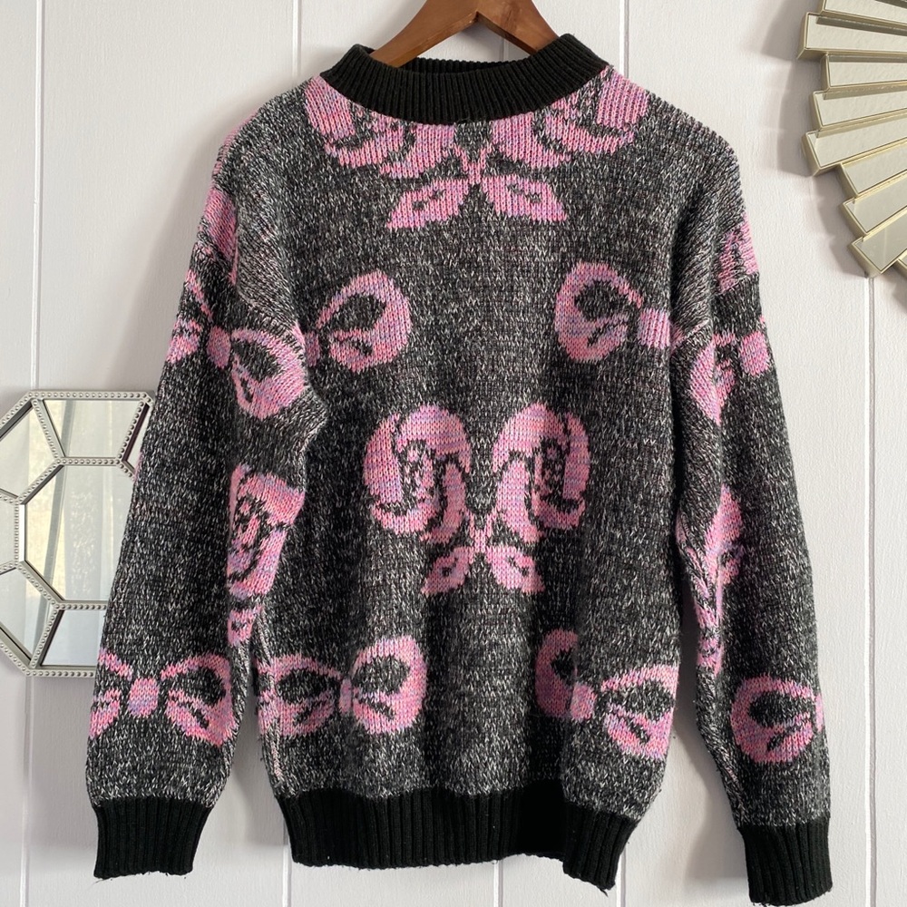 Vintage Bow Flower Pink Black Sweater M